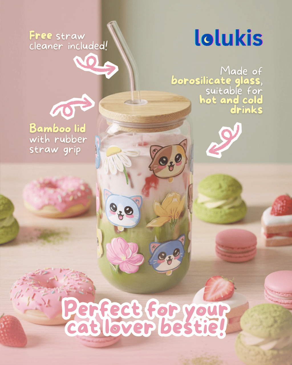 Glass Sippy Cups - Cats & Flowers